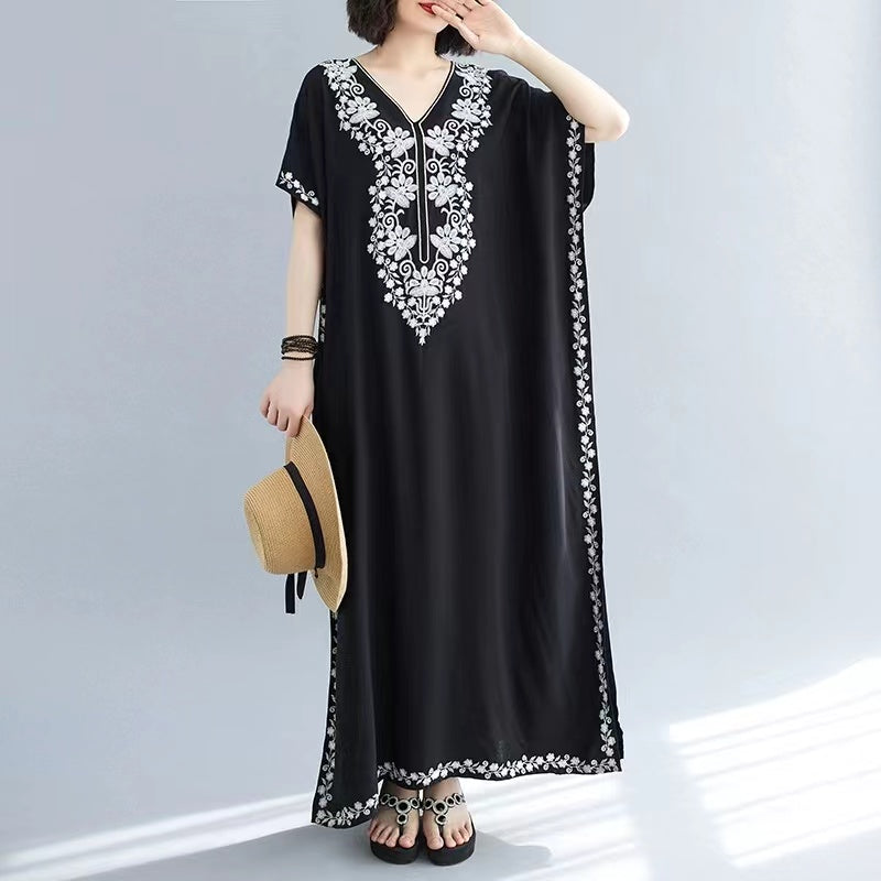 Elegant Embroidery Beach Sun Screen Short Sleeve Long Dresses