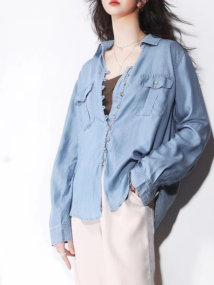 Loose Pocket Button Cardigan Tencel Long Sleeve Shirt Denim