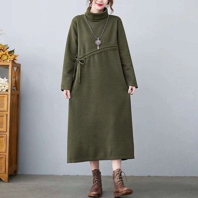 Elegant High Neck Drawstring Knit Loose Dress