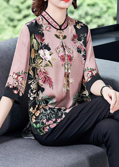 Fashion Standing Collar Printed Side Split Silk Half Skirt Shirt Top