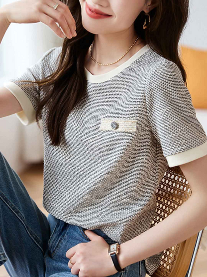 Loose Round Neck Textured Shirt Short Sleeve Top