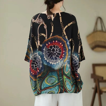 Big Size Printed Round Neck Cotton Linen Short Sleeve T-Shirt Top