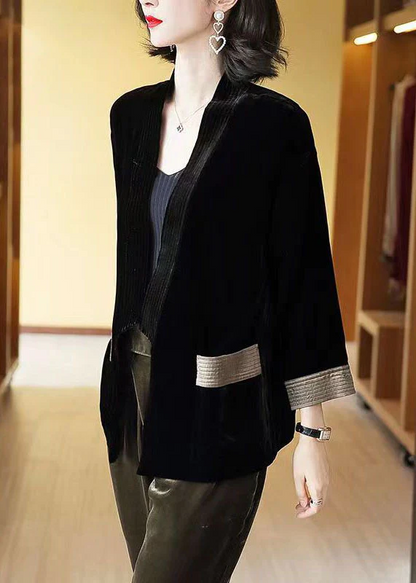 Loose V-Neck Pocket Patchwork Velvet Cardigan Coat