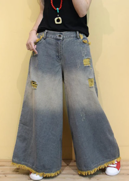 Fashion Pocket High Waist Spliced Denim Wide Leg Pants