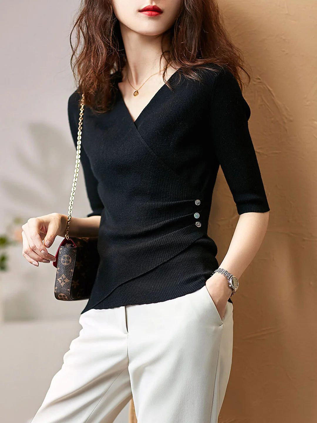 Casual V-Neck Solid Color Knit Top