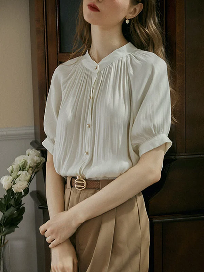 Women's White Round Collar Button Pleated Short Bubble Sleeve Shirt Spring