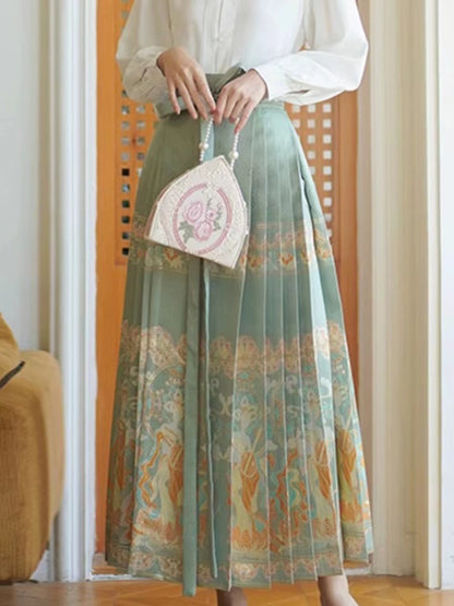 Elegant Vintage Green Printed Pleated Skirt