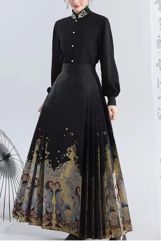 Elegant Vintage Pleated Dragon Print Tie Skirt