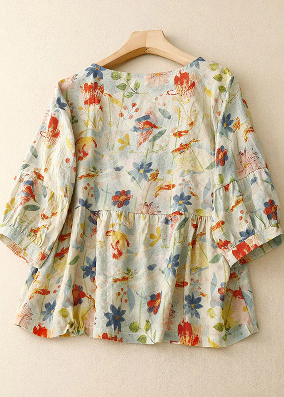 Women's Floral Crinkle Button Patchwork Linen Shirt Top