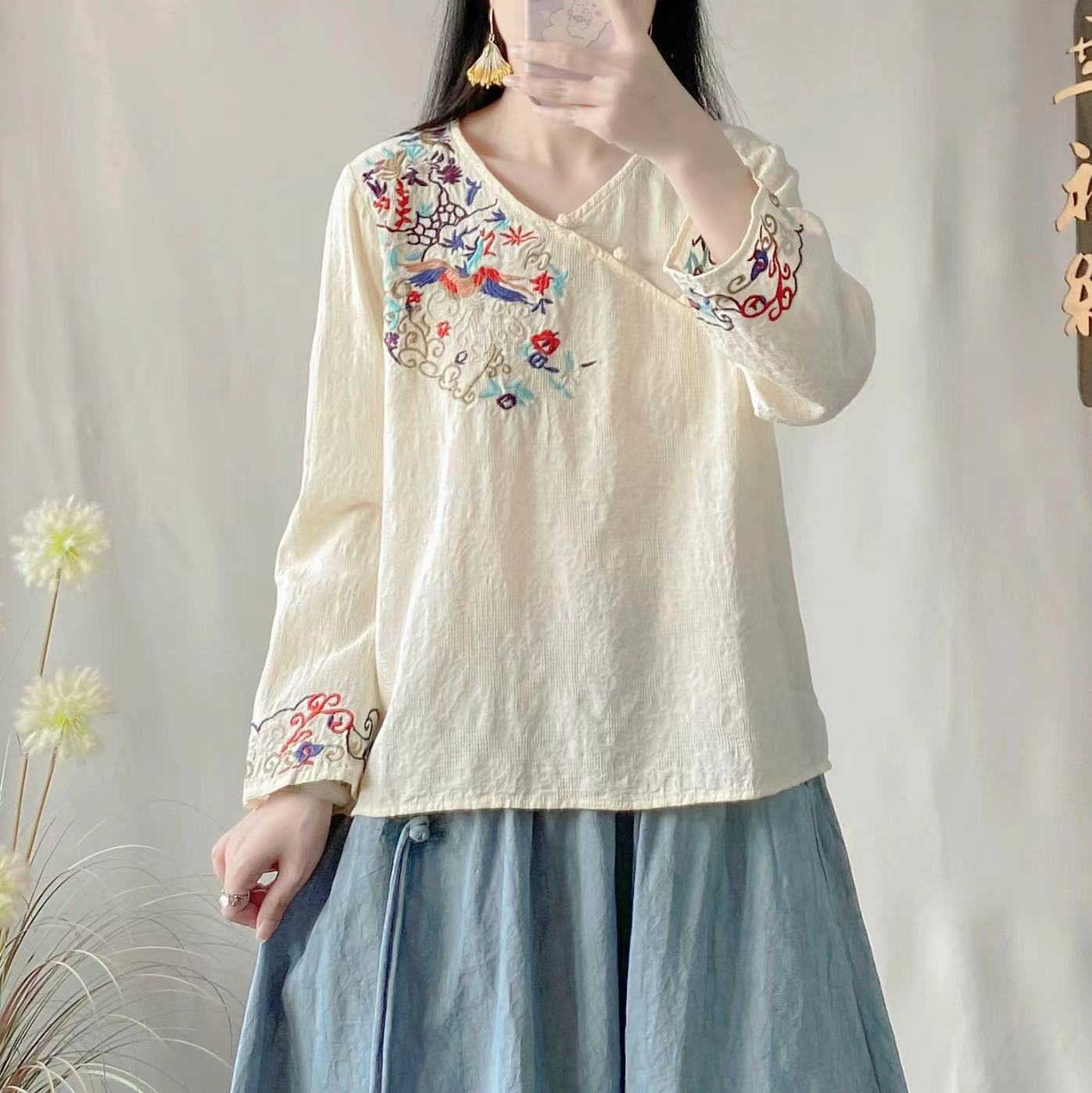 Casual V-Neck Embroidered Asymmetric Cotton Long Sleeve Shirt Top