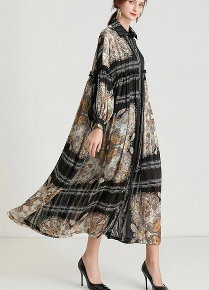 French Print Lapel Long Sleeve Cardigan Dress