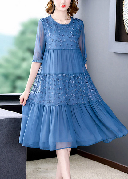 Italian Round Neck Embroidery Patchwork Silk Long Dress Spring Summer