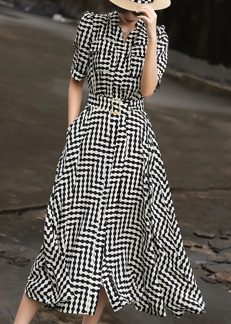 Elegant Striped Tie Waist Chiffon Dress