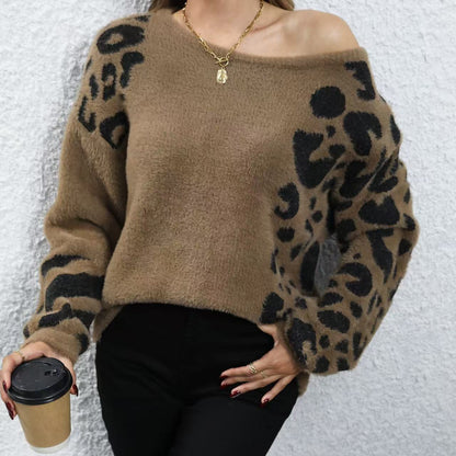 Loose Round Neck Leopard Print Long Sleeve Knitted Sweater