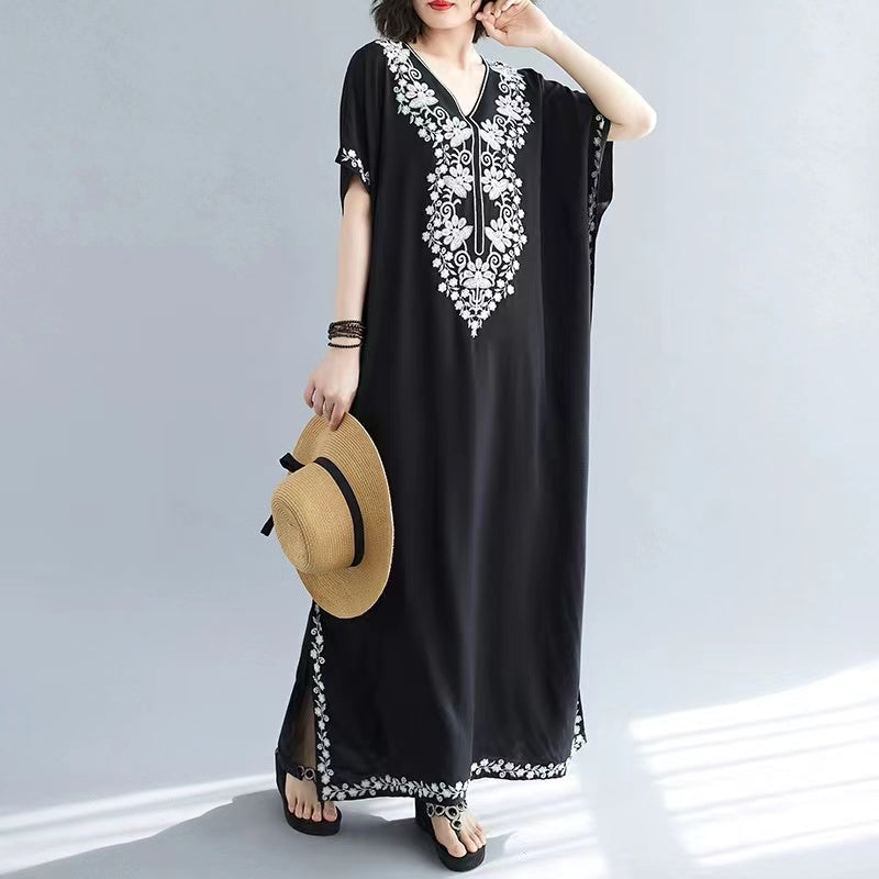 Elegant Embroidery Beach Sun Screen Short Sleeve Long Dresses