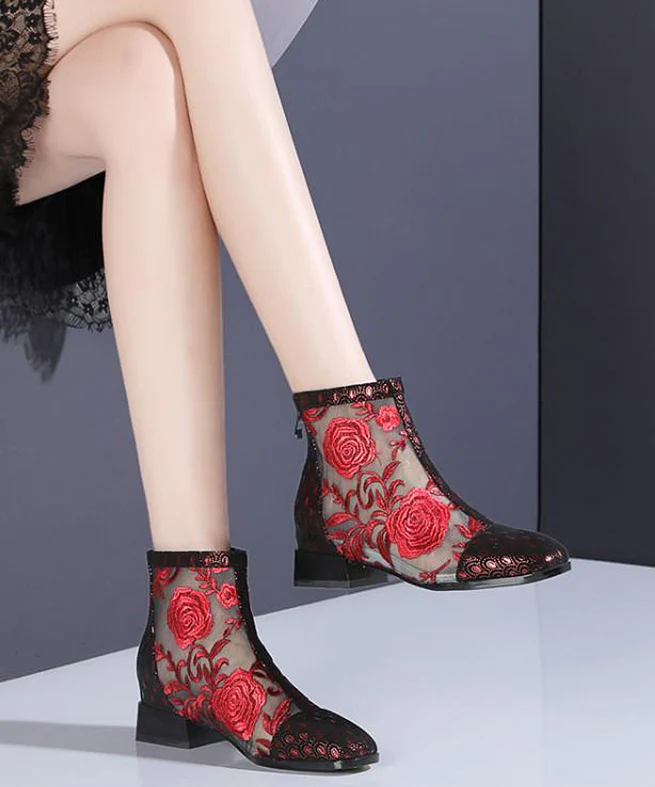 Skeleton Breathable Mesh Patchwork Floral Boots