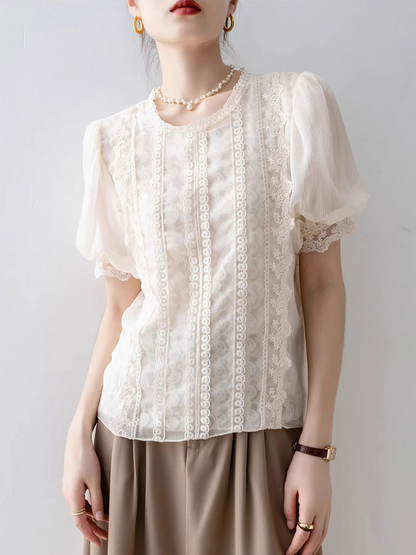 Elegant Round Neck Bubble Sleeve Lace Patchwork Blouse Top