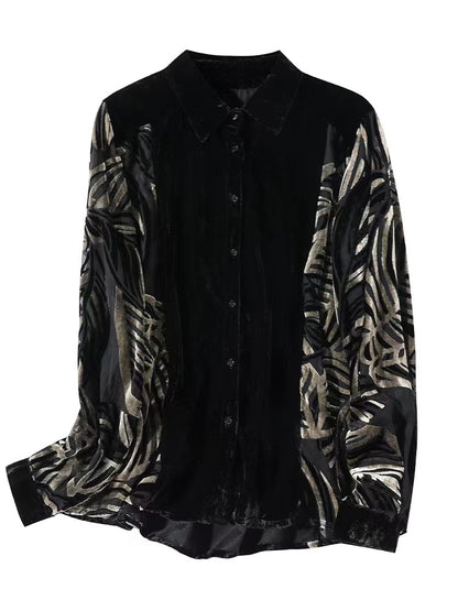 French Black Printed Patchwork Buttoned Velvet Shirt Long Sleeve