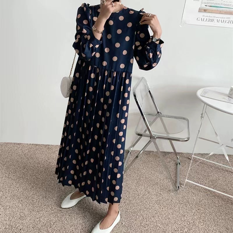 Women's Round Neck Long Sleeve Polka Dot Dresses