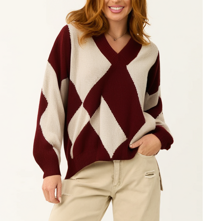 Loose V-neck Red Geometric Sweater