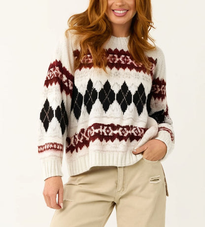 Geometric White Clashing Colours Pullover Sweater