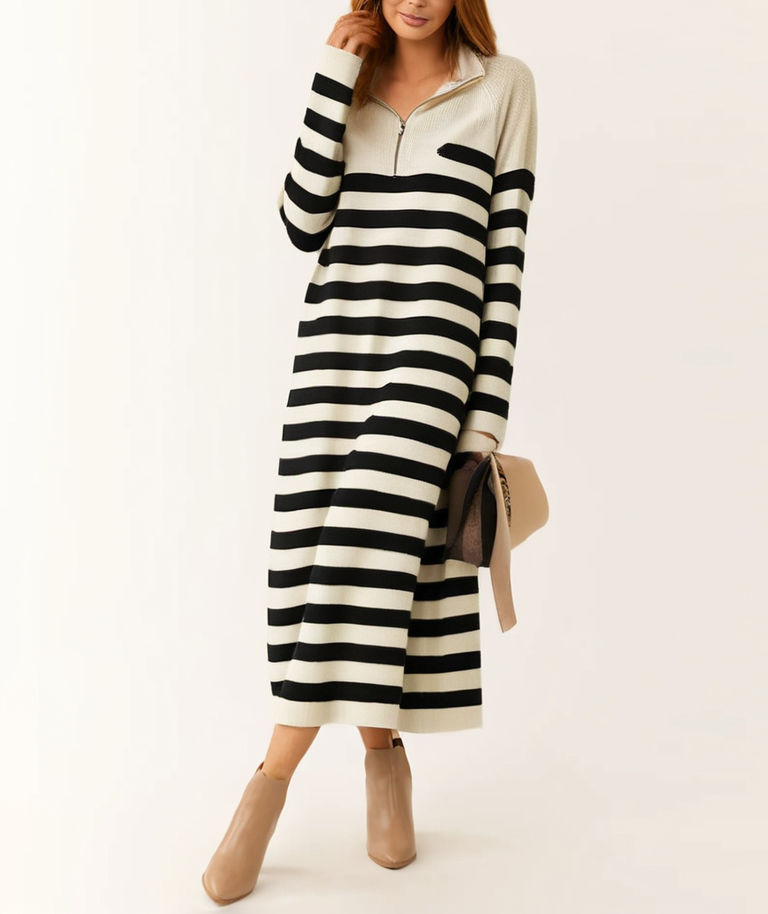 Loose Clashing Black And White Stripe Long Sleeve Knitted Sweater Dress