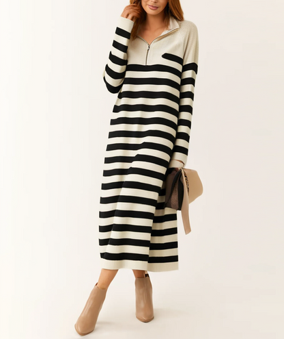 Loose Clashing Black And White Stripe Long Sleeve Knitted Sweater Dress