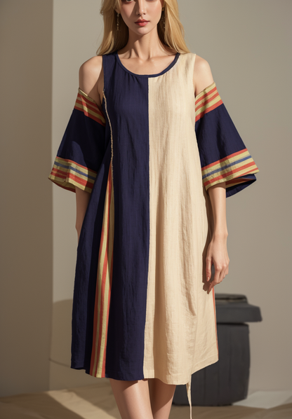 Loose colour blocked round neck cotton striped asymmetric short sleeve dress