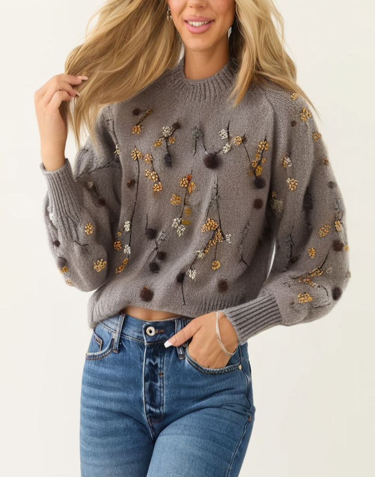 Crew neck grey embroidered beaded jumper