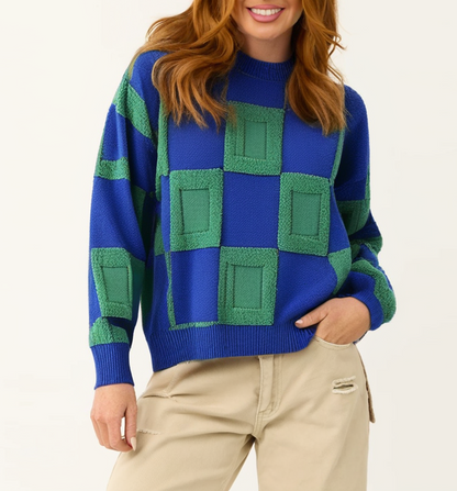 Pullover Green Geometric Clash Knit Sweater