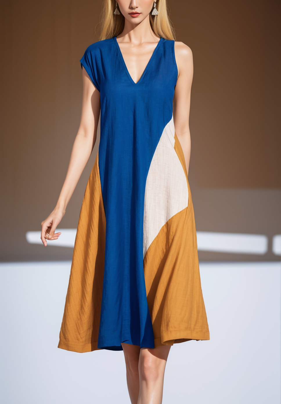 Casual V-neck colour-blocked asymmetric cotton sleeveless dress