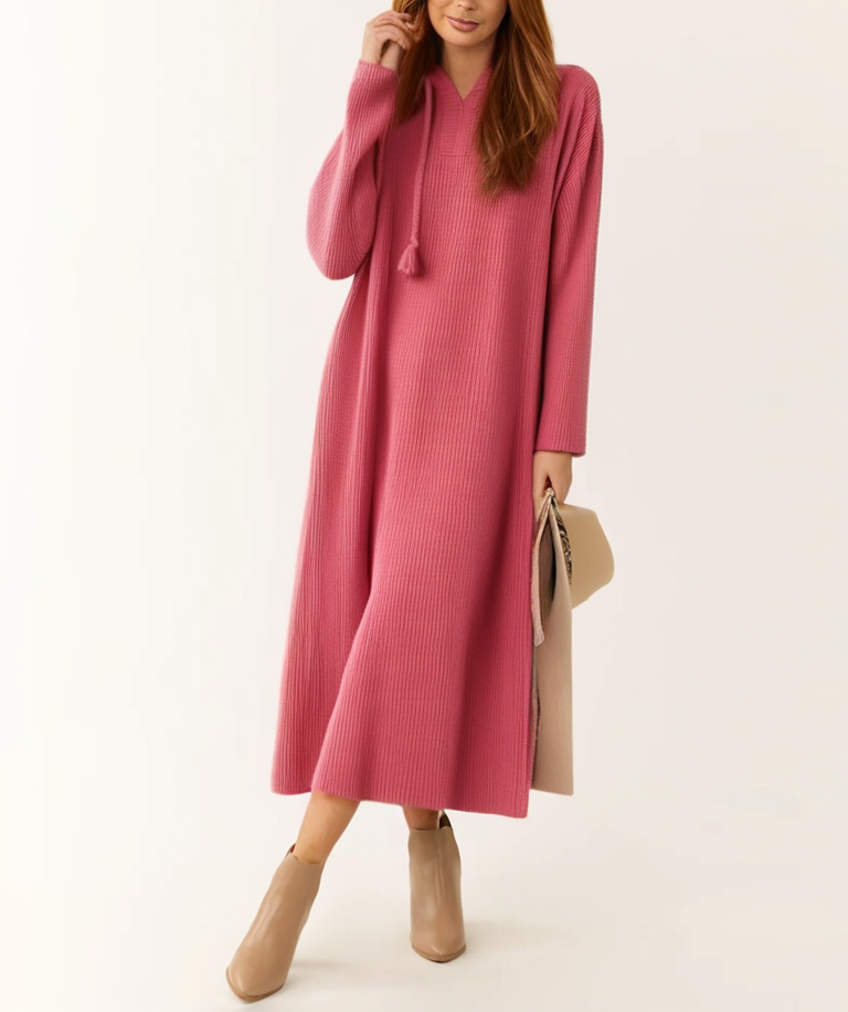 Elegant Loose Hooded Pink Long Sleeve Knitted Sweater Dress