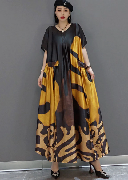 Loose color-blocked O-neck printed satin maxi dress